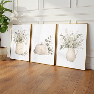 Kitchen Prints Heart Wall Art Neutral Beige Kitchen Decor, Botanical Tea Prints, Cottage Kitchen Wall Art UNFRAMED