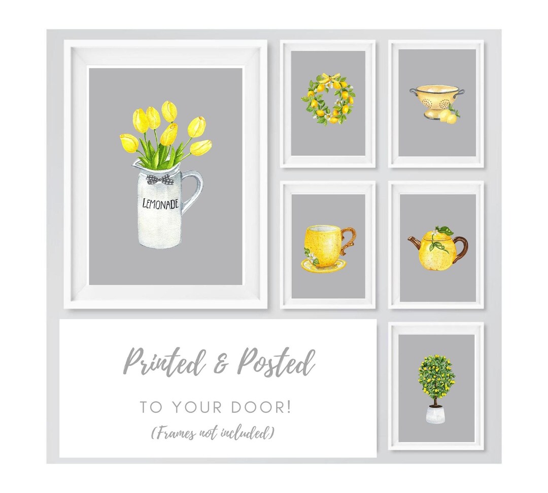 Kitchen Prints, Kitchen Wall Art, Yellow and Grey Kitchen Print, Lemon