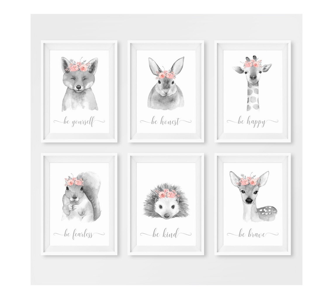 Grey Nursery Animal Prints Baby's Room Wall Art Pink Etsy
