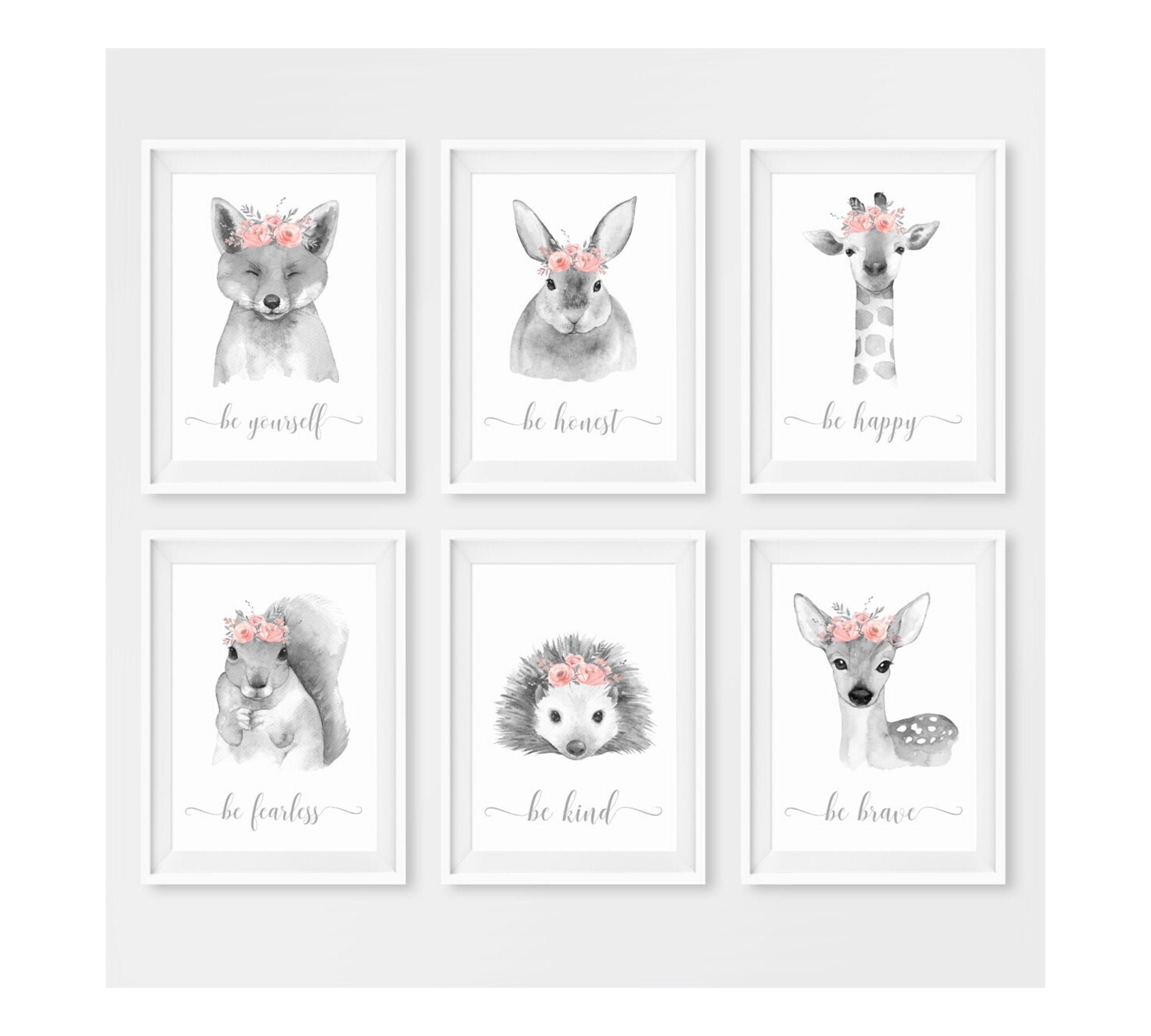 Grey Nursery Animal Prints Baby's Room Wall Art Pink Etsy