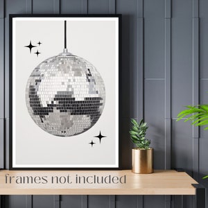 Retro Disco Ball Poster, Mirror Ball Wall Art, Vintage 70's Style Decor, Trendy Print, Silver Disco Print, Black And White Wall Art image 1
