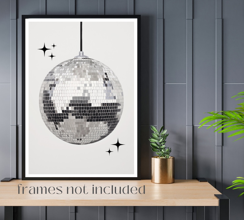 Retro Disco Ball Poster, Mirror Ball Wall Art, Vintage 70's Style Decor, Trendy Print, Silver Disco Print, Black And White Wall Art image 1