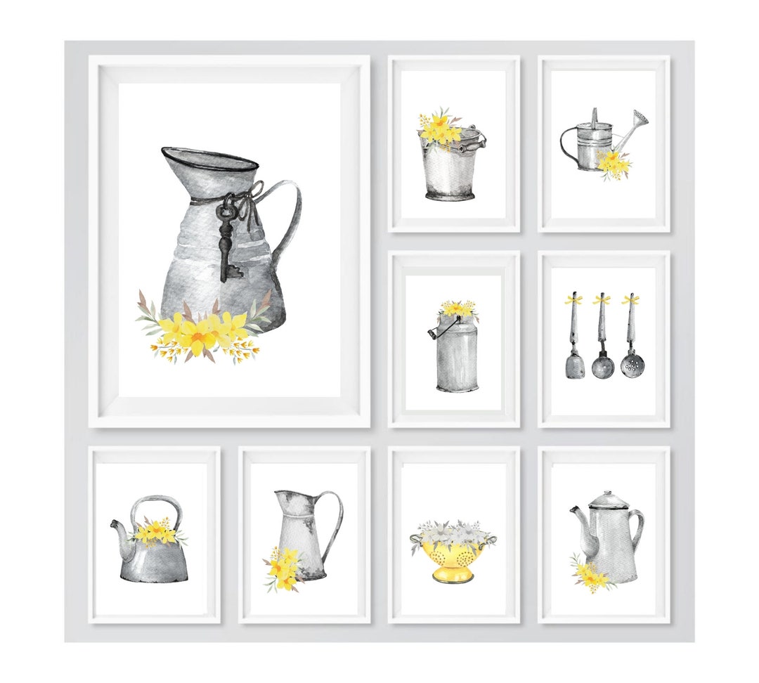 Kitchen Prints, Kitchen Wall Art, Yellow Floral and Grey Kitchen Print