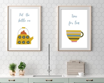 Kitchen Prints, Yellow Kitchen Wall Art, SET OF 2 Modern Kitchen Wall Art, Modern Kitchen Poster, Kitchen Decor, Blue Kitchen Wall Art