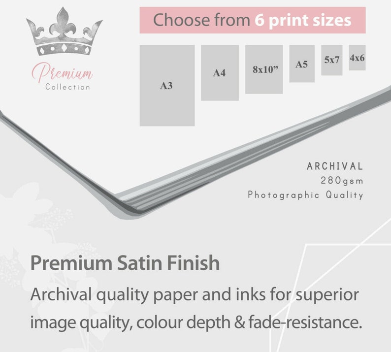 May include: A white background with a gray crown and the text "Premium Collection".  The image shows six different print sizes: A3, A4, 8x10", A5, 5x7, and 4x6. The text "ARCHIVAL 280gsm Photographic Quality" is also visible. The text "Premium Satin Finish" is displayed below the print sizes. The text "Archival quality paper and inks for superior image quality, colour depth & fade-resistance." is also visible.