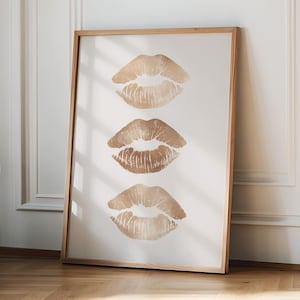 Lips Wall Art Beige Trendy Home Prints Girly Wall Art Aesthetic Neutral Dorm Room Decor Beige Makeup Kiss Poster Stylish Retro Decor