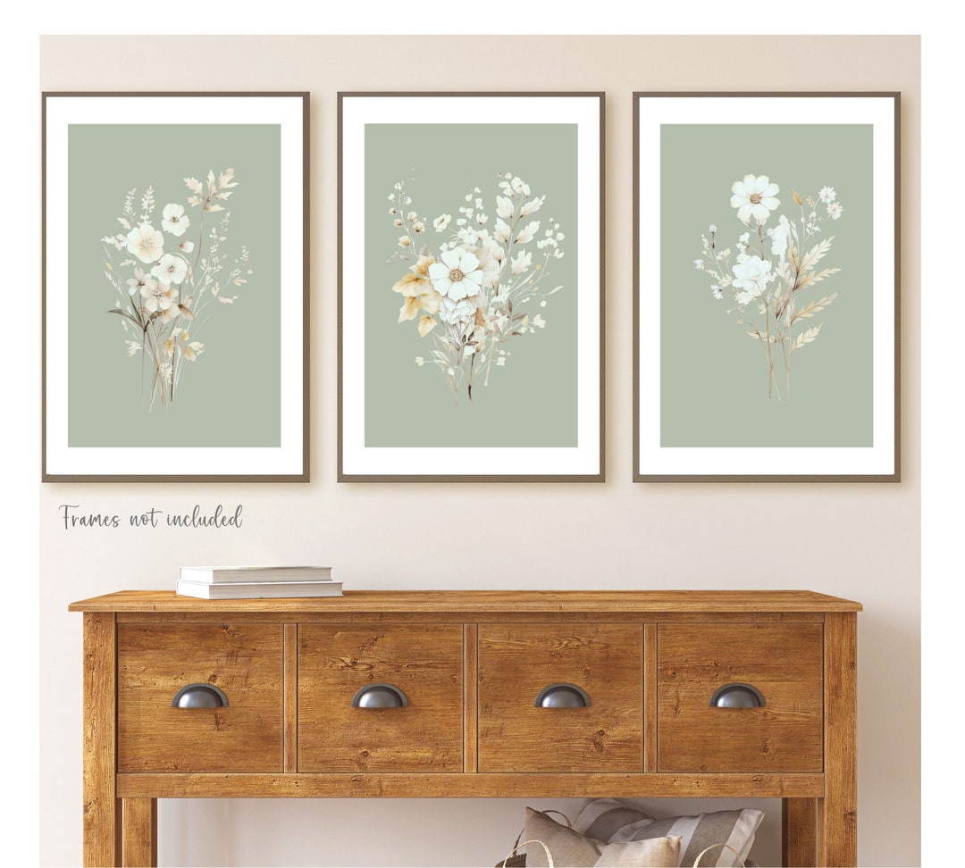 SET OF 3 UNFRAMED Sage Green Floral Prints, Botanical Wall Art Prints ...