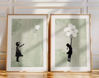Sage Green Wall Art Prints Set of 2 Green Pictures Bedroom Wall Art Green Living Room Prints Banksy Prints Green Decor Kitchen Wall Art