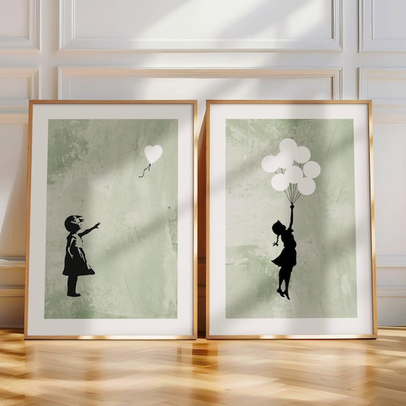 Sage Green Wall Art Prints Set of 2 Green Pictures Bedroom Wall Art Green Living Room Prints Banksy Prints Green Decor Kitchen Wall Art