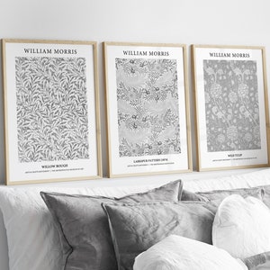 SET OF 3 William Morris Prints, Grey Floral Botanical Wall Art, William Morris Bedroom Prints, Living Room Posters, Grey Floral Pictures