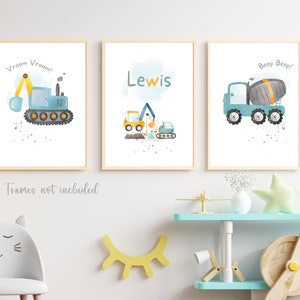 Set of 3 Personalised Boys Girls Bedroom Prints, Nursery Wall Art Children's Prints, Kids Car Trains Prints, Digger Transport Trucks Prints
