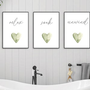 Set of 3 Bathroom Prints, Relax Soak Unwind, Sage Green Bathroom Quote Prints, Bathroom Posters