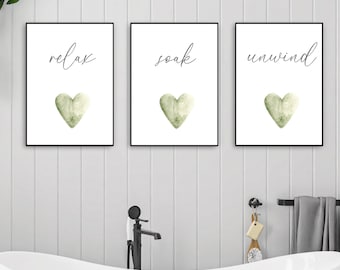 Set of 3 Bathroom Prints, Relax Soak Unwind, Sage Green Bathroom Quote Prints, Bathroom Posters