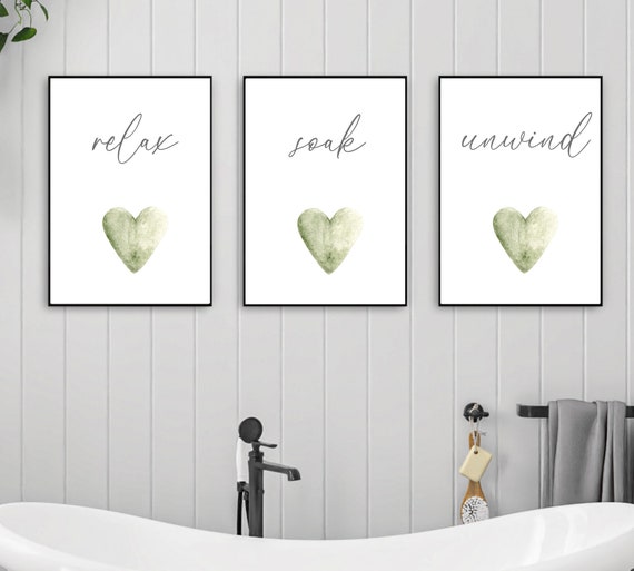 Set of 3 Bathroom Prints, Relax Soak Unwind, Sage Green Bathroom Quote Prints, Bathroom Posters