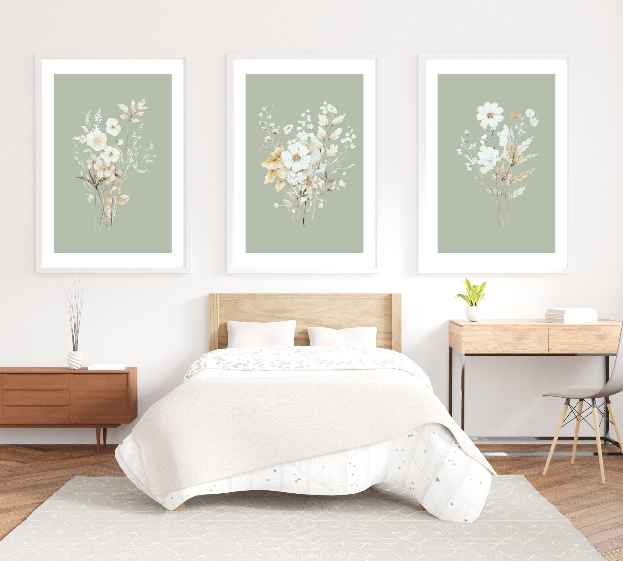 SET OF 3 UNFRAMED Sage Green Floral Prints, Botanical Wall Art Prints ...