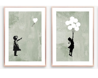 SET OF 2 Banksy Prints, Sage Green Banksy Wall Art, Balloon Girl Prints, Banksy Print, Banksy Pictures, Living Room Prints