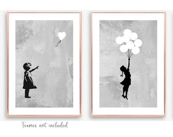 SET OF 2 Banksy Prints, GREY Banksy Wall Art, Banksy Print, Banksy Pictures, Living Room Prints, Neutral Wall Art, Home Bedroom Decor