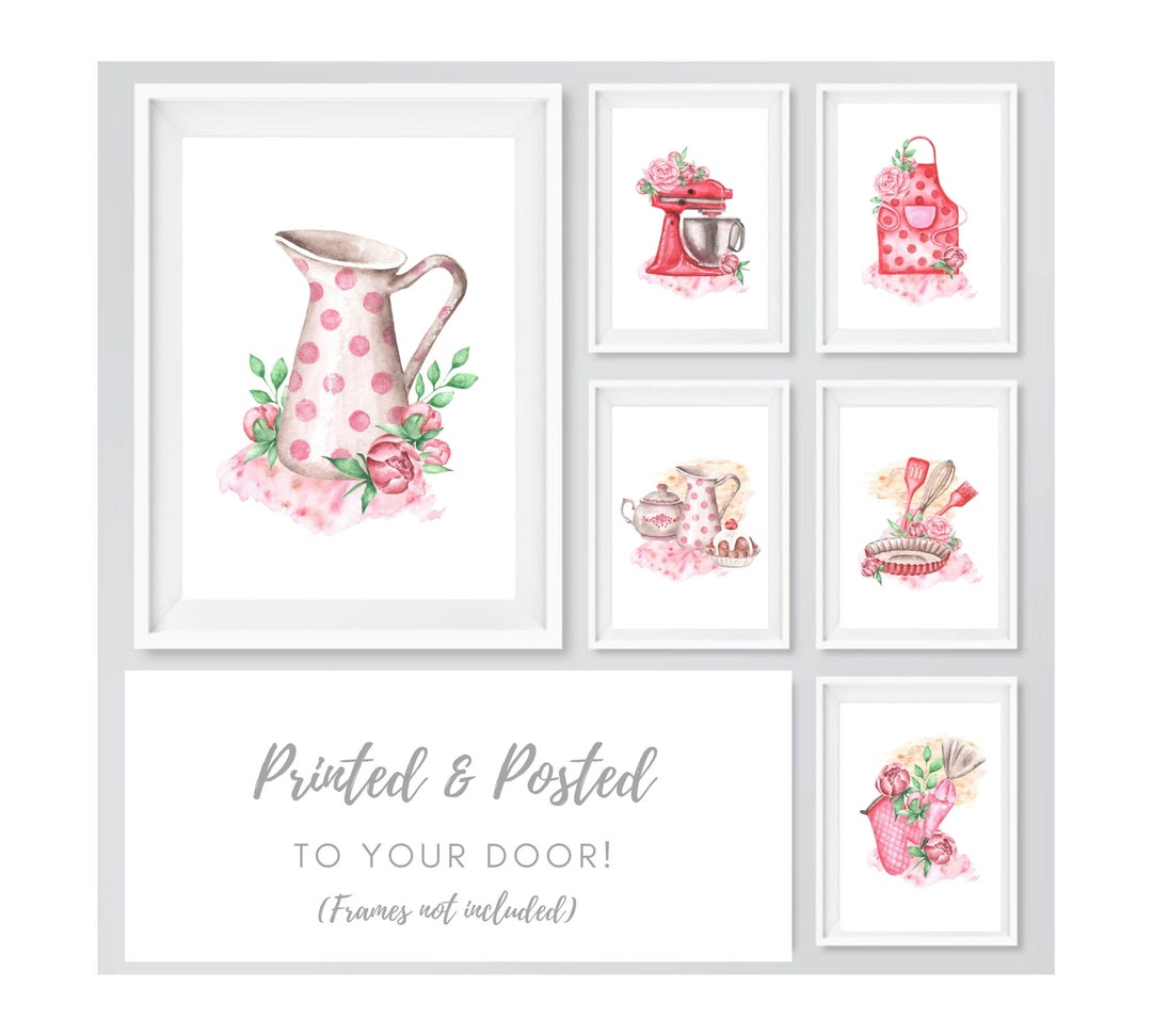 Kitchen Prints, Kitchen Wall Art, Pink and Red Kitchen Print, Vintage