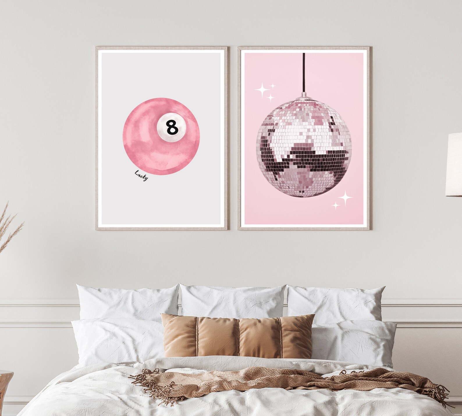 SET OF 2 Pink Lucky Pool Ball and Disco Ball Prints, Pink Trendy Retro ...