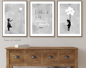 SET OF 3 Banksy Prints, Banksy Wall Art, Grey Banksy Print, Banksy Pictures, Living Room Prints, Neutral Wall Art, Home Bedroom Decor