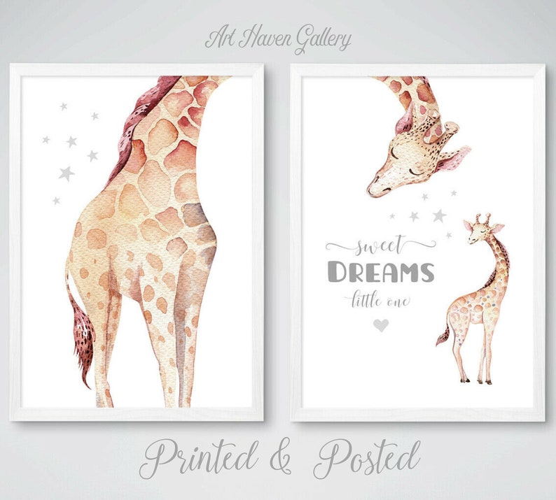 May include: Two watercolor prints featuring a giraffe. The first print shows a giraffe from the back, with a light brown and orange spotted pattern. The second print shows a giraffe's head and neck, with a smaller giraffe standing below. The text "sweet DREAMS little one" is written in gray on the second print.