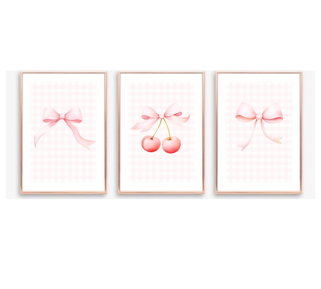 SET OF 3 Pink Bow and Cherry Prints, Coquette Preppy Wall Art Bow ...