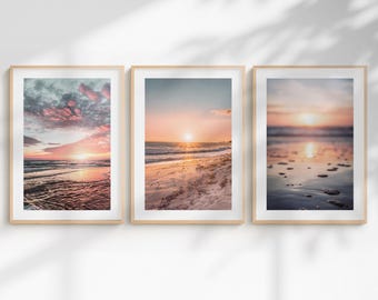 Set of 3 Beach Prints, Bedroom Wall Art, Pink Wall Art, Sunset Prints, Sunrise Print, Beach Posters, Living Room Prints