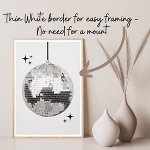 Retro Disco Ball Poster, Mirror Ball Wall Art, Vintage 70's Style Decor, Trendy Print, Silver Disco Print, Black And White Wall Art image 2