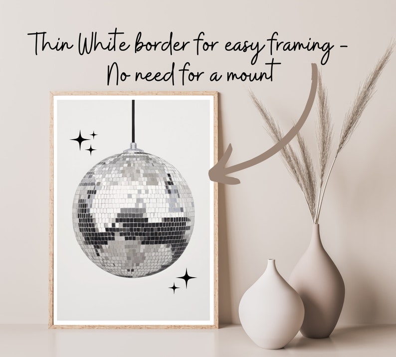 Retro Disco Ball Poster, Mirror Ball Wall Art, Vintage 70's Style Decor, Trendy Print, Silver Disco Print, Black And White Wall Art image 2