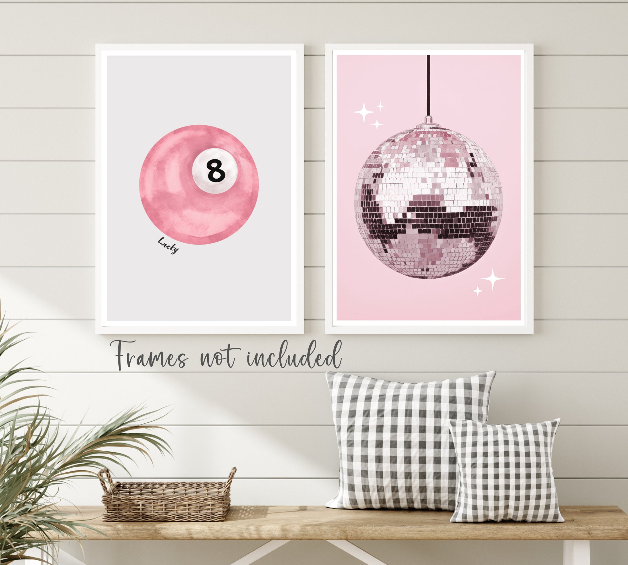 SET OF 2 Pink Lucky Pool Ball and Disco Ball Prints, Pink Trendy Retro ...