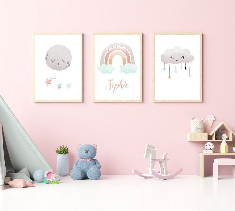 Set of 3 Personalised Rainbow Prints Nursery Wall Art Girls Etsy UK