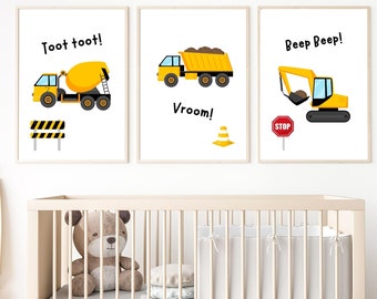 Trucks and Transport Set of 3 Nursery Prints, Boys Bedroom Posters, Digger Print, Construction Print, Trucks Prints, Vehicles Wall Art