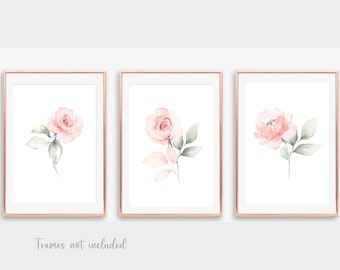 Pink Flower Prints, Pink Rose Watercolour Prints, SET OF 3 Floral Prints, Bedroom Prints, Pastel Pink Wall Art, Living Room Prints