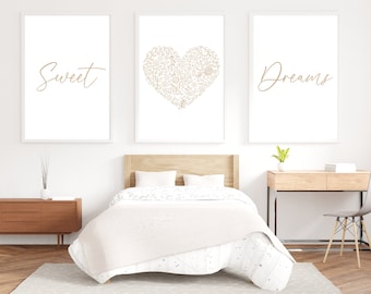 Bedroom Wall Art, Sweet Dream Prints, Beige Bedroom Decor, Neutral Wall Art Posters, Heart Prints, SET OF 3 Simple Modern Pictures