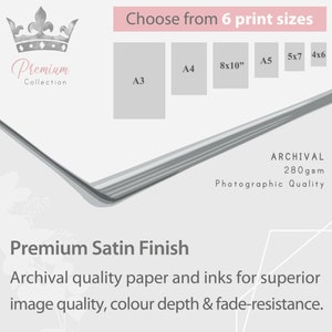 Puede incluir: Un fondo blanco con una corona gris y el texto "Premium Collection". La imagen muestra seis tama&ntilde;os de impresi&oacute;n diferentes: A3, A4, 8x10", A5, 5x7 y 4x6. El texto "ARCHIVAL 280gsm Photographic Quality" tambi&eacute;n es visible. El texto "Premium Satin Finish" se muestra debajo de los tama&ntilde;os de impresi&oacute;n. El texto "Papel y tintas de calidad de archivo para una calidad de imagen superior, profundidad de color y resistencia a la decoloraci&oacute;n." tambi&eacute;n es visible.
