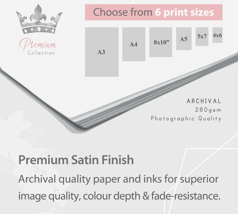 Puede incluir: Un fondo blanco con una corona gris y el texto "Premium Collection". La imagen muestra seis tama&ntilde;os de impresi&oacute;n diferentes: A3, A4, 8x10", A5, 5x7 y 4x6. El texto "ARCHIVAL 280gsm Photographic Quality" tambi&eacute;n es visible. El texto "Premium Satin Finish" se muestra debajo de los tama&ntilde;os de impresi&oacute;n. El texto "Papel y tintas de calidad de archivo para una calidad de imagen superior, profundidad de color y resistencia a la decoloraci&oacute;n." tambi&eacute;n es visible.