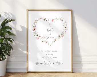 Personalised Wedding Print Wedding Gift Couples Gift Floral Watercolour Heart Print Happily Ever After Wedding Gift Print UNFRAMED