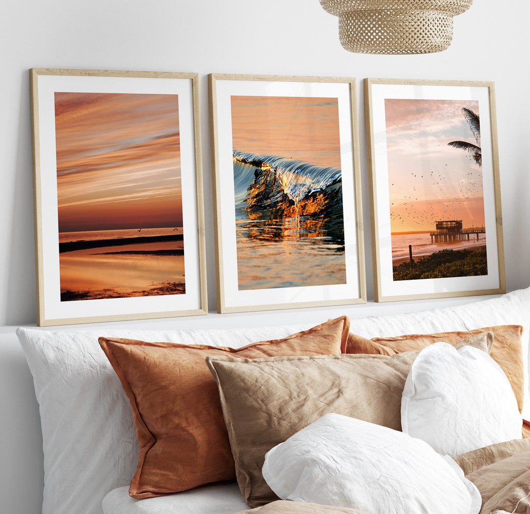 SET OF 3 UNFRAMED Beach Sunset Orange Wall Art Prints, Living Room ...