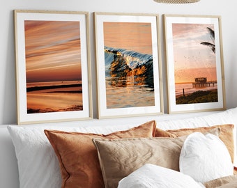 Beach Sunset Photography Prints, Set of 3, Coastal Wall Art