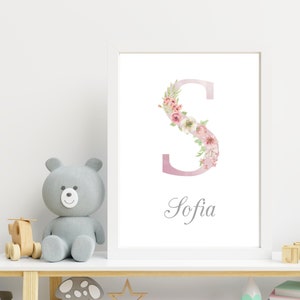 Personalised Nursery Print, Monogram Print, Floral Initial Letter Print, Nursery Wall Art, Nursery Art, Pink Name Print, Christening Gift