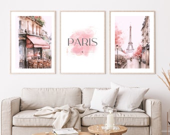 Dusky Blush Pink Paris Prints, SET OF 3 Prints, Bedroom Wall Art, Living Room Prints, Pink Paris Pictures, Paris Poster, Bedroom Home Decor