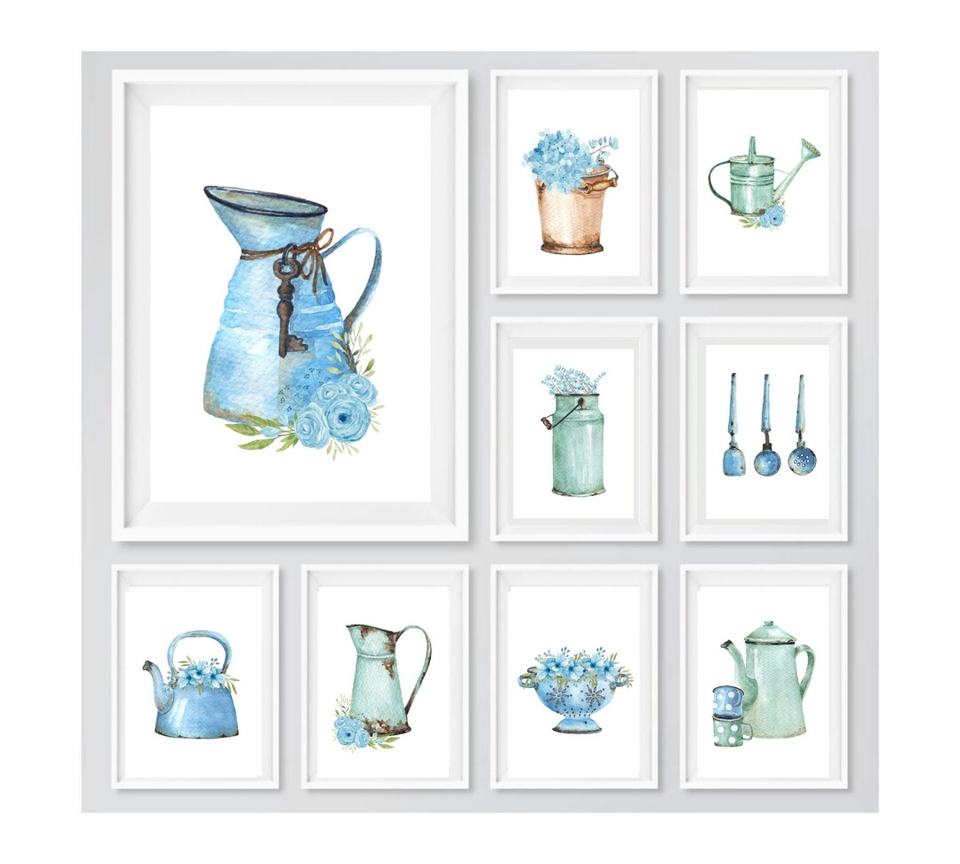 Kitchen Prints, Kitchen Wall Art, Blue and Grey Kitchen Print, Jug
