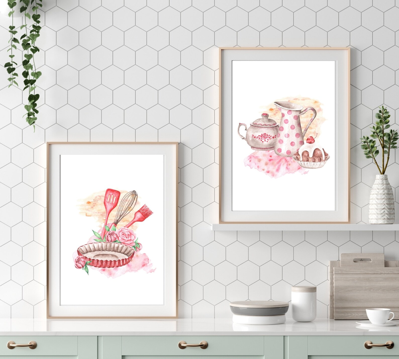 Kitchen Prints, Kitchen Wall Art, Pink and Red Kitchen Print, Vintage ...