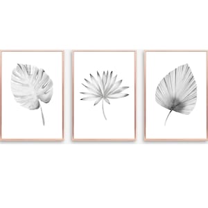 SET OF 3 Grey Palm Leaf Prints, UNFRAMED Botanical Leaf Prints, Monstera Leaf Print, Grey Floral Bedroom Poster, Grey Living Room Posters