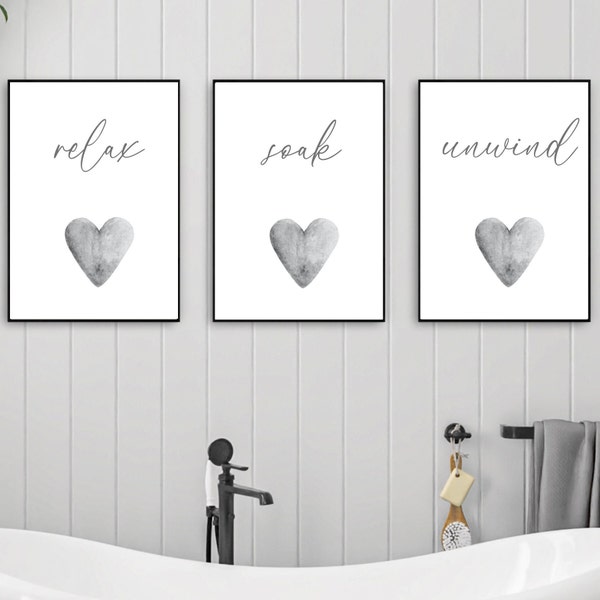 Set of 3 Bathroom Prints, Relax Soak Unwind, Grey Bathroom Quote Prints, Black and white Bathroom Posters