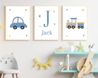 Set of 3 Personalised Boys Girls Bedroom Prints, Nursery Wall Art Children's Prints, Kids Car Trains Prints, Train Transport Nursery Prints