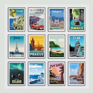 Vintage Travel Posters, Retro Home Boho Wall Art Prints, Tourism Holiday Pictures, Paris, Santorini, Budapest, Miami, Holiday Beach Travel