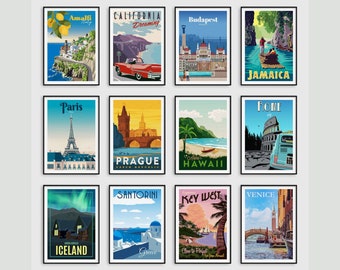 Vintage Travel Posters, Retro Home Boho Wall Art Prints, Tourism Holiday Pictures, Paris, Santorini, Budapest, Miami, Holiday Beach Travel