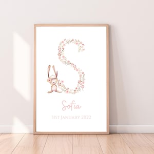 May include: A printable nursery art print featuring a floral letter S with a cute bunny in the corner. The print is personalised with the name "Sofia" and the date "31st January 2022".