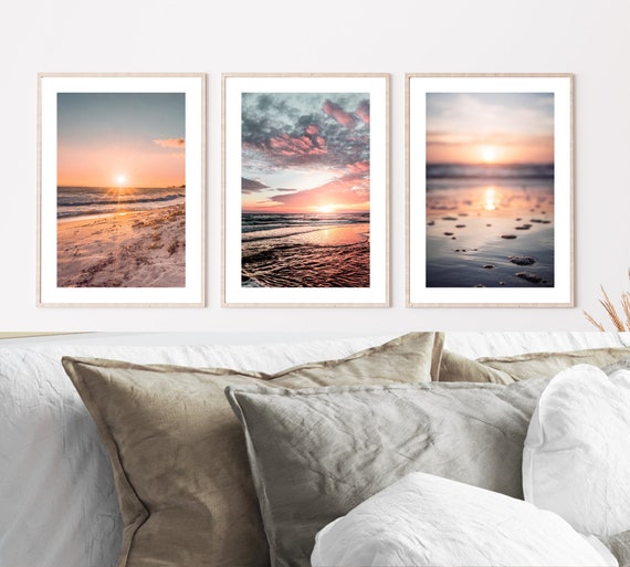 Set of 3 Beach Prints, Bedroom Wall Art, Pink Wall Art, Sunset Prints, Sunrise Print, Beach Posters, Living Room Prints